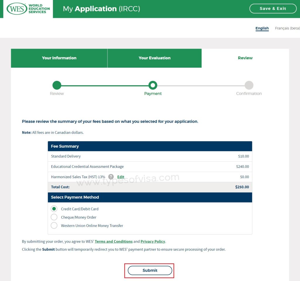 Payment summery for your wes credential application