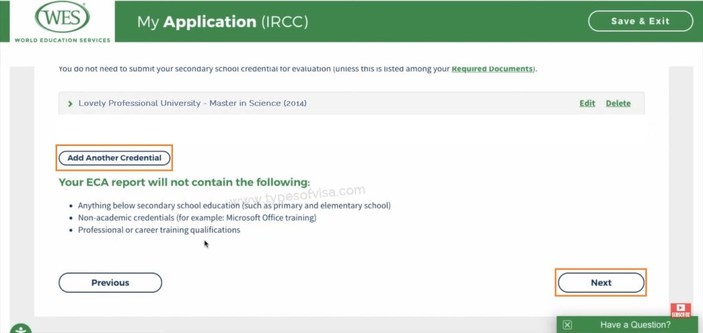 Additional education details for wes application