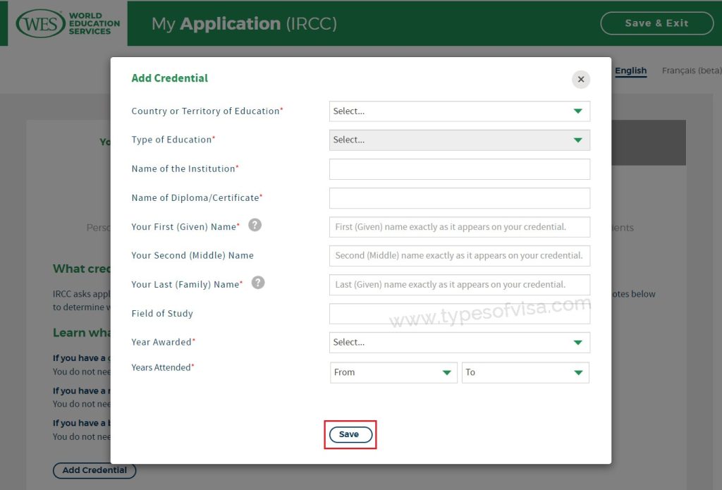 education credential details for WES evaluation application