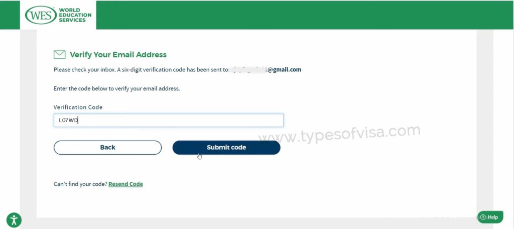 WES Canada evaluation verification code for email id registration