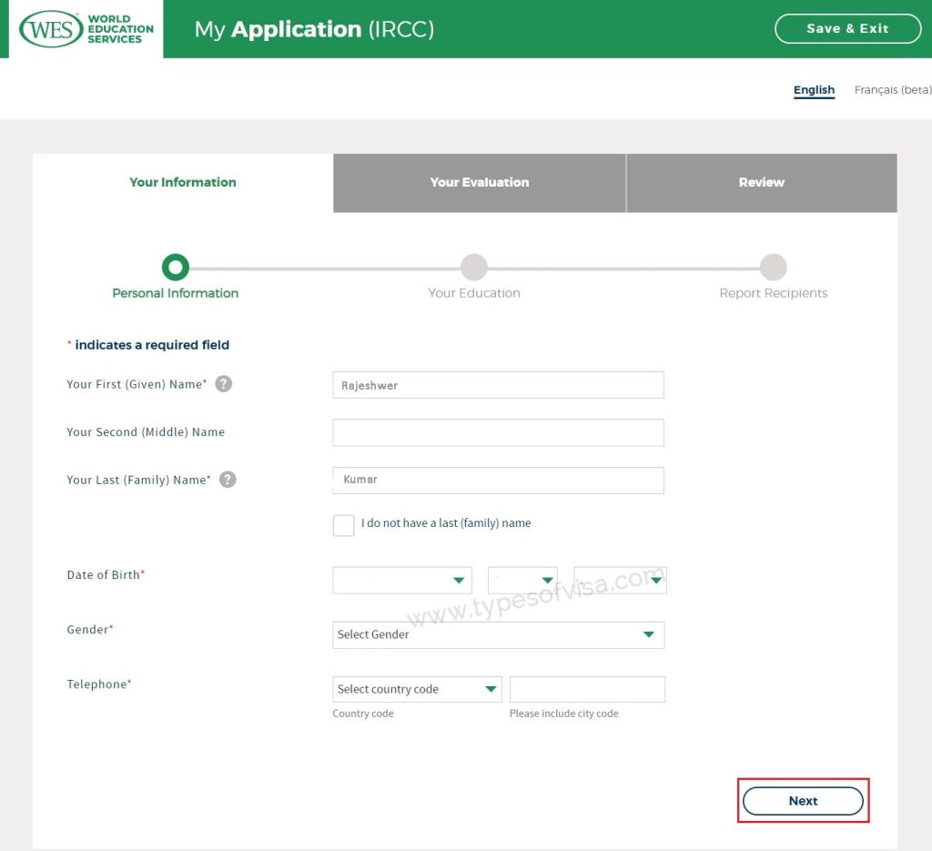 personal information form for wes evaluation application