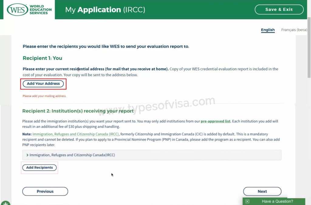 Adding recipients in wes evaluation application