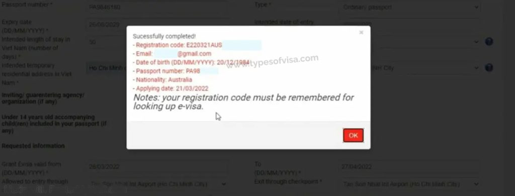 Vietnam e-visa online form after successfully completing 