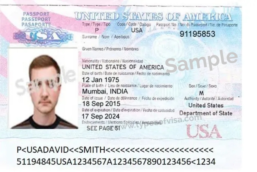 Sample first page of passport picture, sample biometric page of passport 